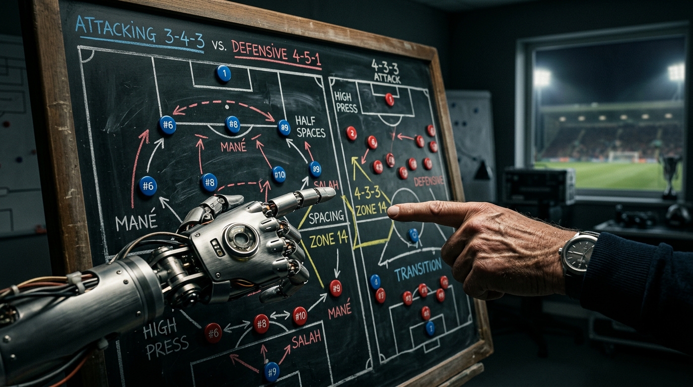 Main robotique et main humaine pointant un tableau tactique