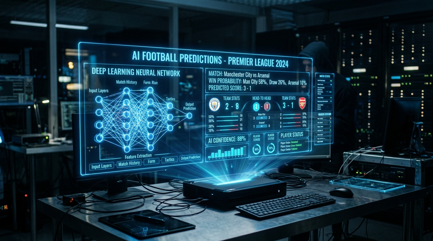 Affichage holographique futuriste montrant des prédictions IA de football