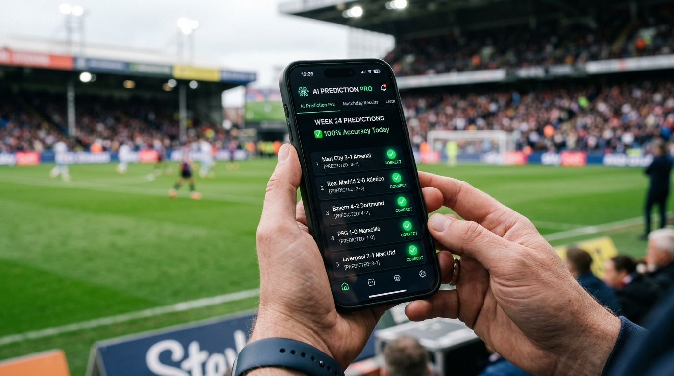 Smartphone affichant une app de prédiction IA avec résultats positifs
